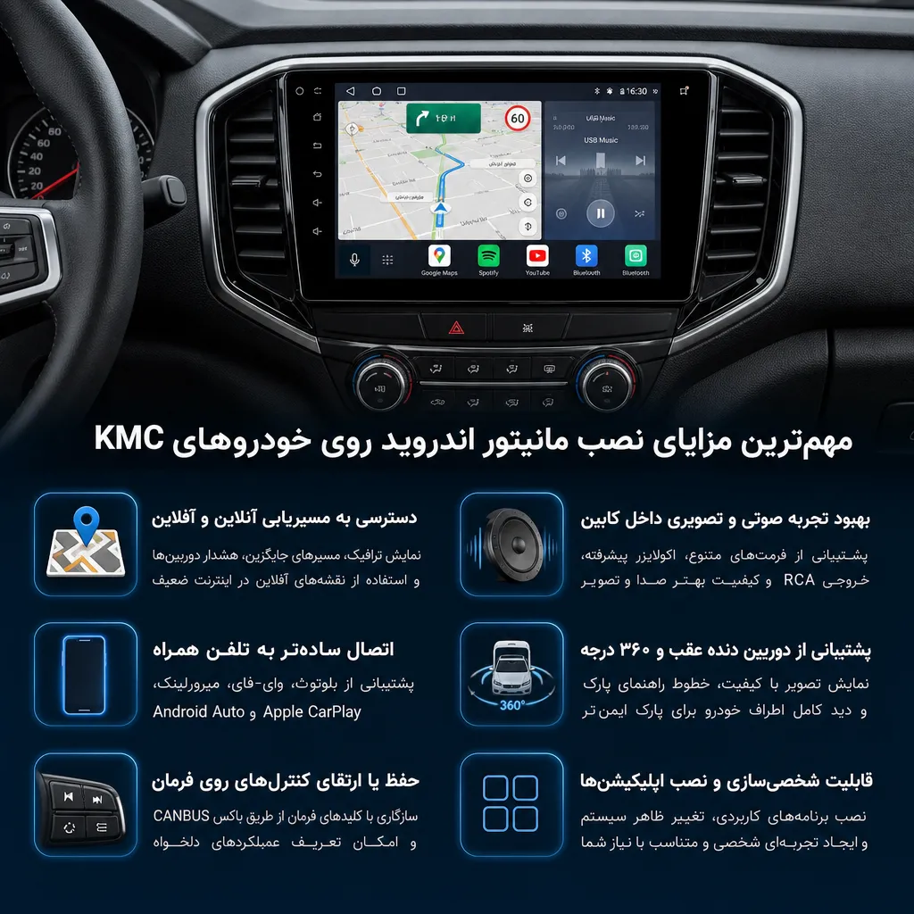 مهم&zwnj;ترین مزایای نصب مانیتور اندروید روی خودروهای KMC